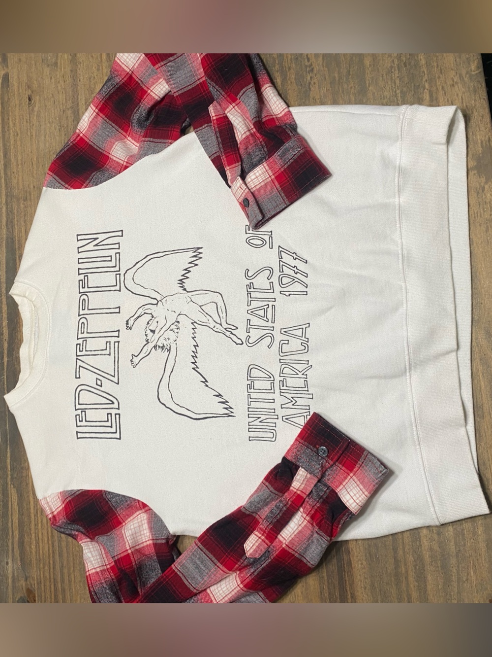 White Pullover Sweater with Red Plaid Sleeves